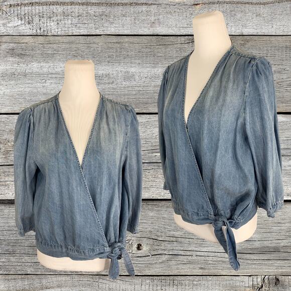 Denim Blouse Rustic Luxury Boho Gypsy Romantic Coastal ShabbyChic Wrap Nordstrom - Picture 1 of 7
